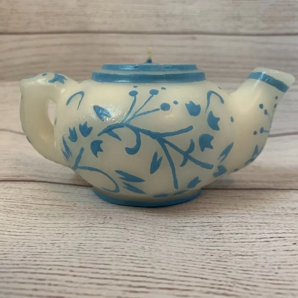Teapot Shaped Candle White with Blue Floral Design Unlit 2 1/2